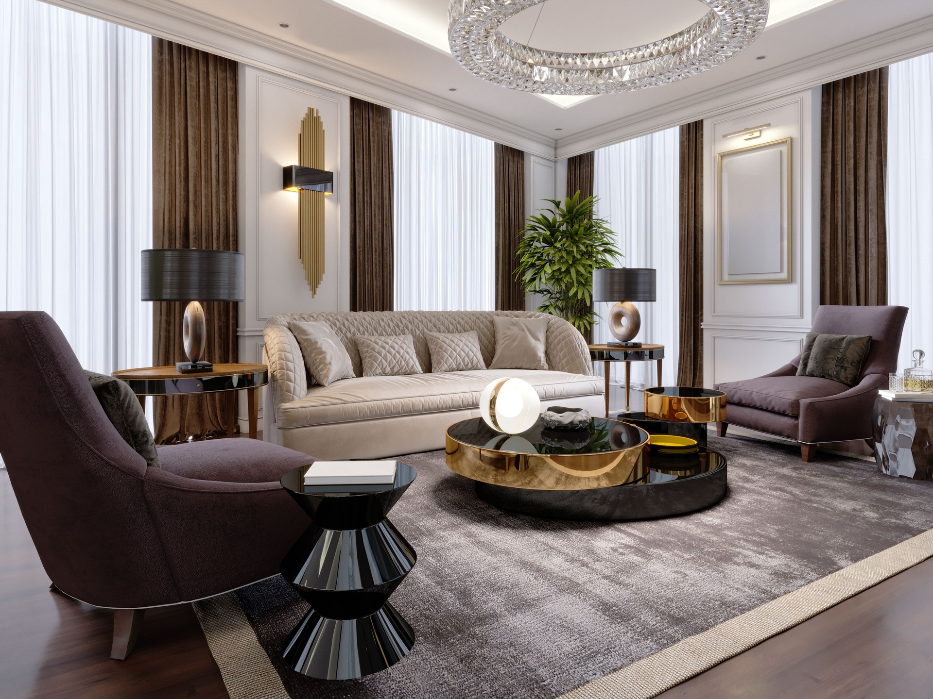 Luxurious living room in modern style with sofa, armchair, designer furniture, TV stand, large decorative candlestick, round crystal chandelier.